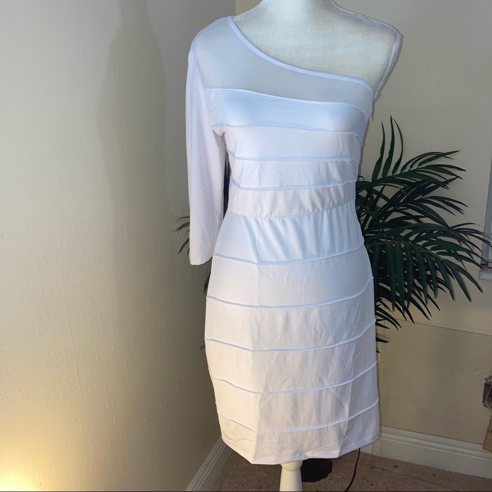 Venus Body Con One Shoulder Sheer Stretch Dress 10* White